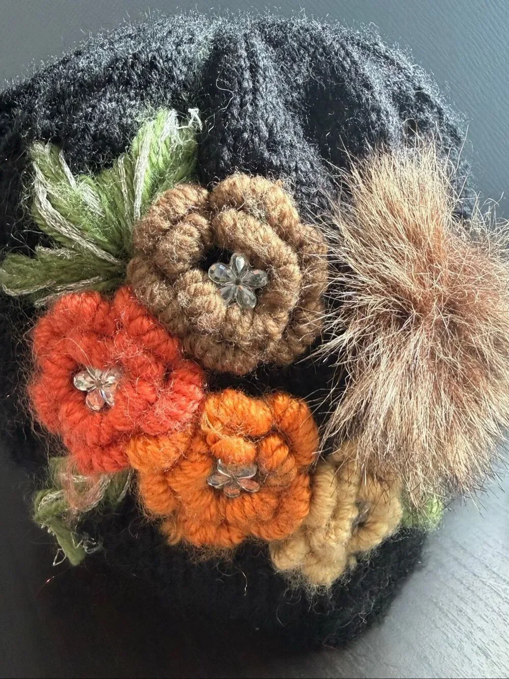 Black Floral Embellished Knit Beanie with Faux Fur Pom
